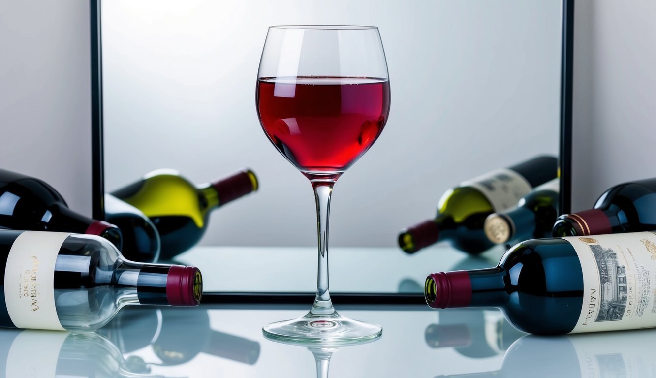 A wine glass overflowing with red wine, surrounded by empty bottles and a mirror reflecting the glass