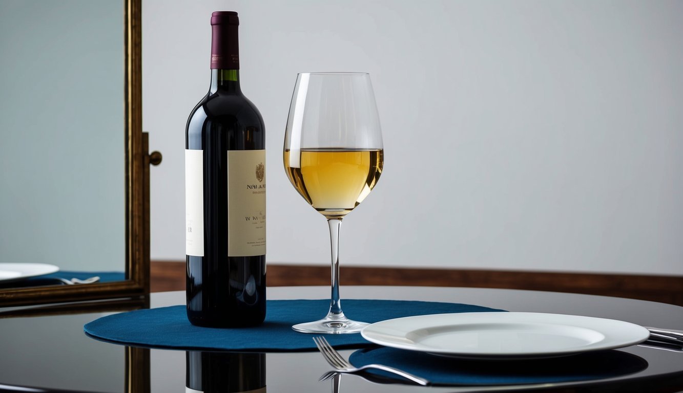 A table set with an elegant wine glass, a bottle of wine, and a mirror reflecting the wine glass