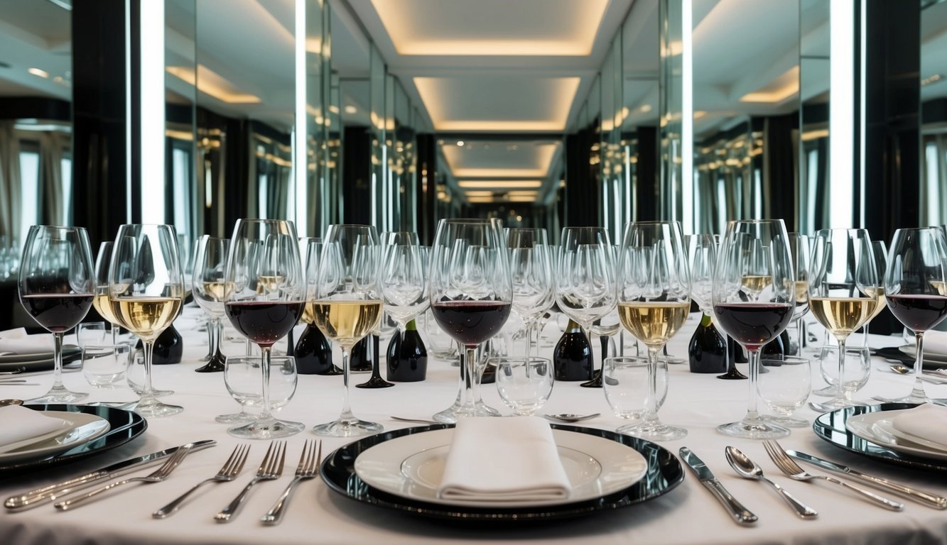 A lavish table setting with multiple glasses of wine, surrounded by mirrors reflecting the image of the wine glasses, creating a sense of grandeur and self-importance