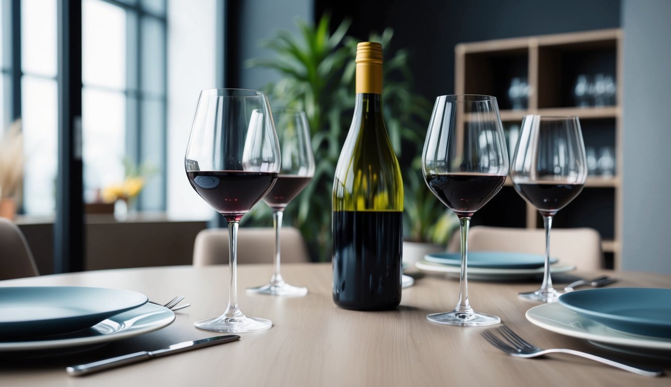 A table set with wine glasses, a bottle, and a confident, self-assured atmosphere