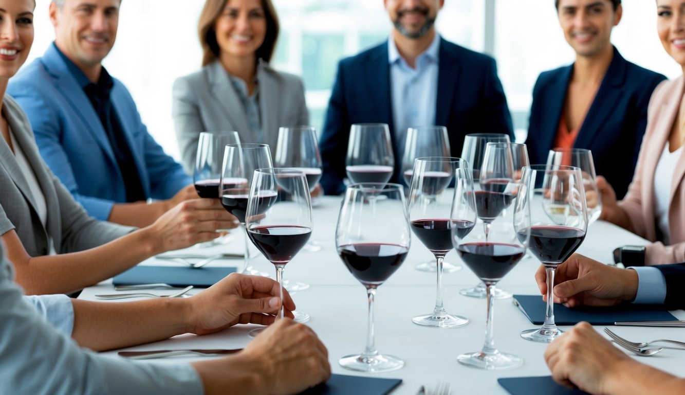 A table with multiple wine glasses, some empty, some full, surrounded by confident-looking individuals at a social gathering
