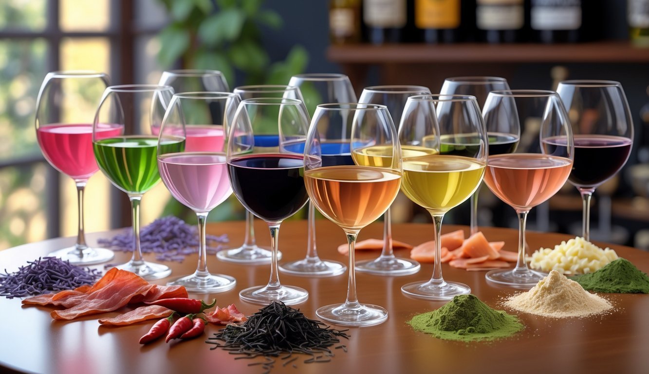 A table with ten wine glasses, each containing a different unusual wine flavor, surrounded by ingredients like lavender, chili peppers, blue cheese, bacon, seaweed, black garlic, rose petals, smoked salmon, truffles, and matcha.