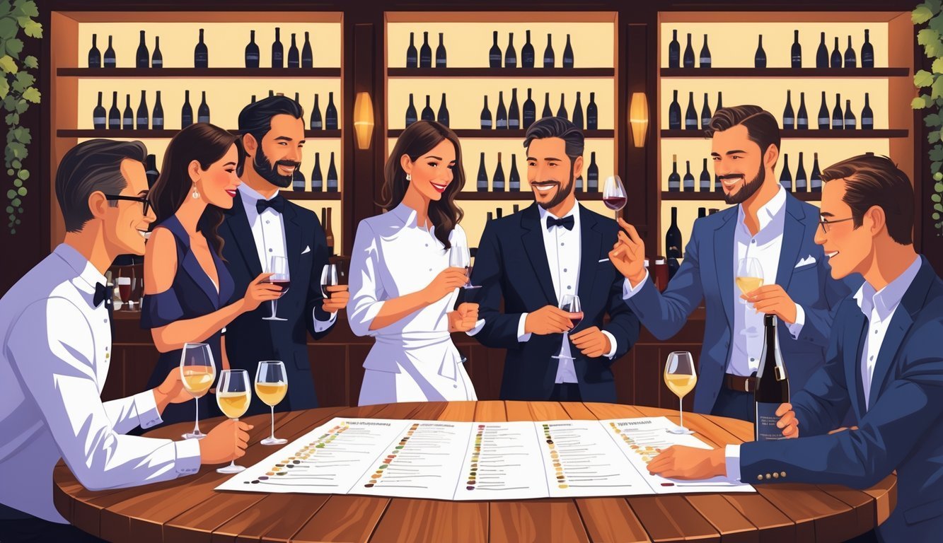 Seven wine experts gathered around a table in a wine bar, discussing and pointing at a wine list with wine glasses and bottles nearby.