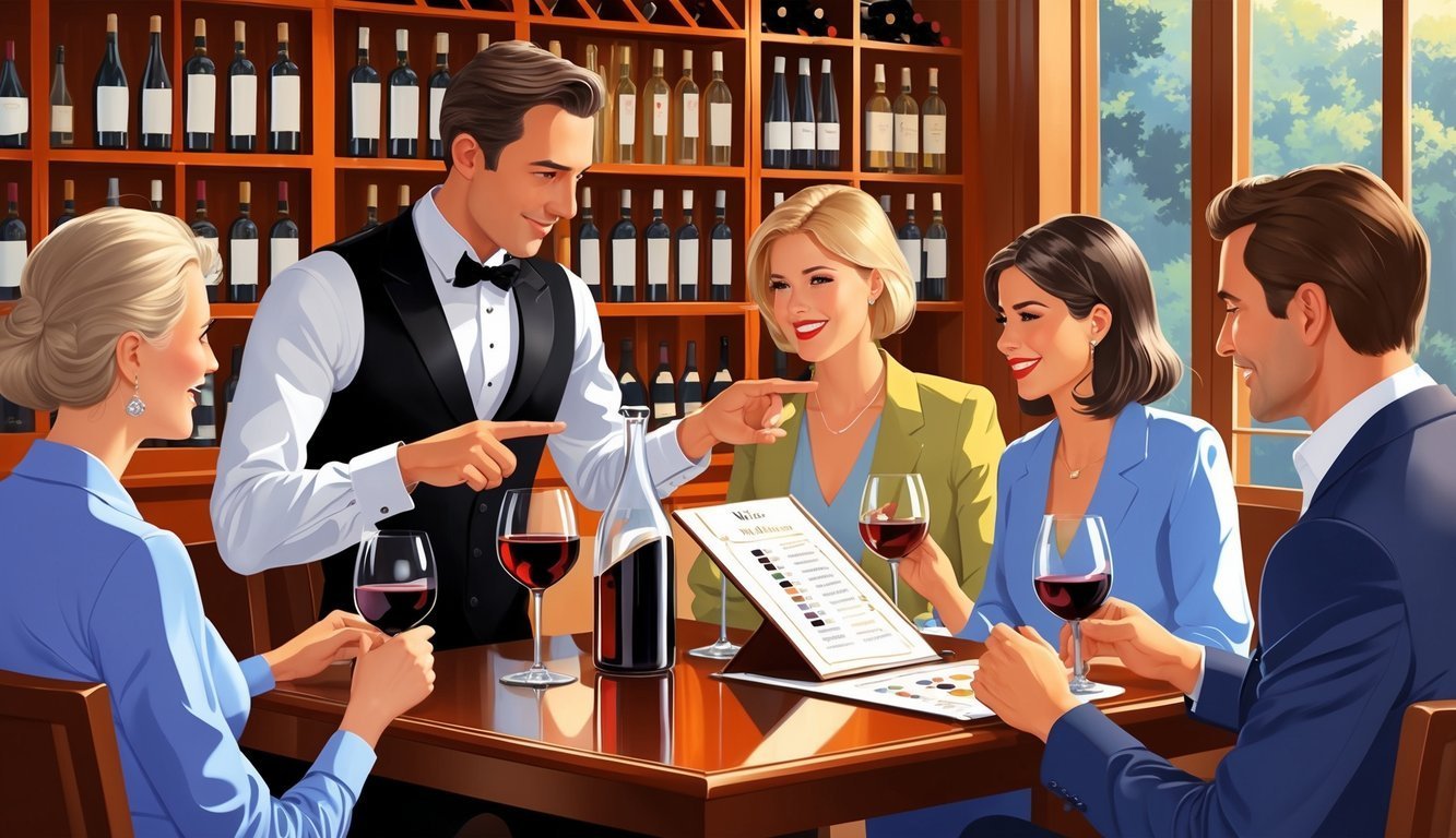 A sommelier guides four people seated at a table with wine glasses and an open wine list in an elegant restaurant with a wine rack in the background.