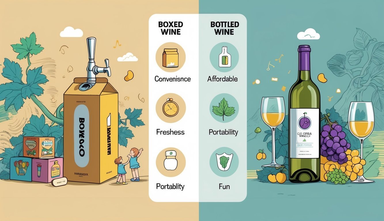 Side-by-side comparison of boxed wine with childhood toys and bottled wine with grapes and a wine glass, highlighting six reasons why boxed wine is a good choice.