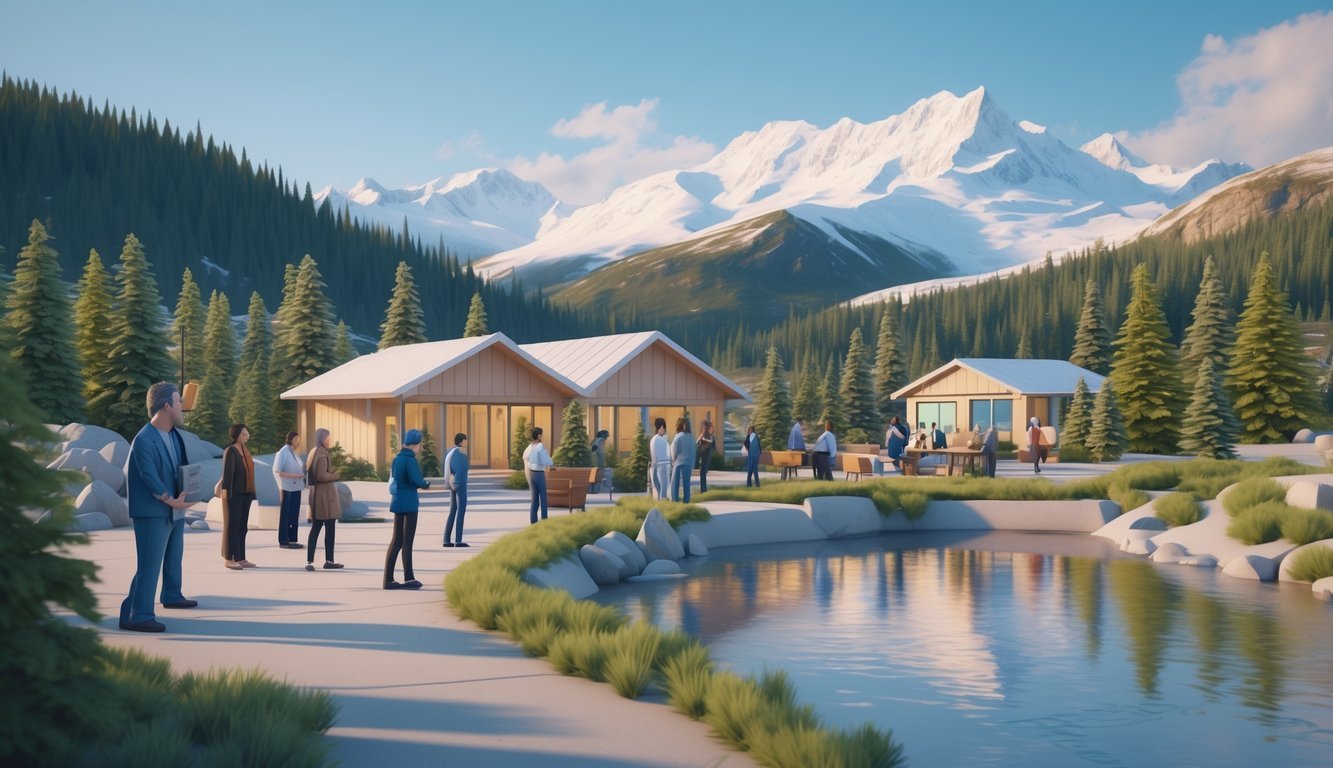 A peaceful Alaskan community center surrounded by mountains and forests with diverse people engaging in supportive activities near a calm river.