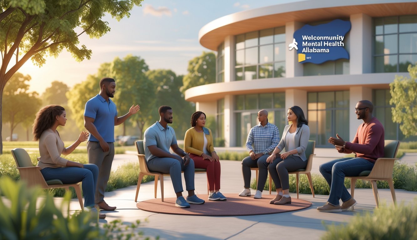 A community mental health center in Alabama with diverse people engaging in supportive conversations and group therapy outdoors surrounded by greenery.