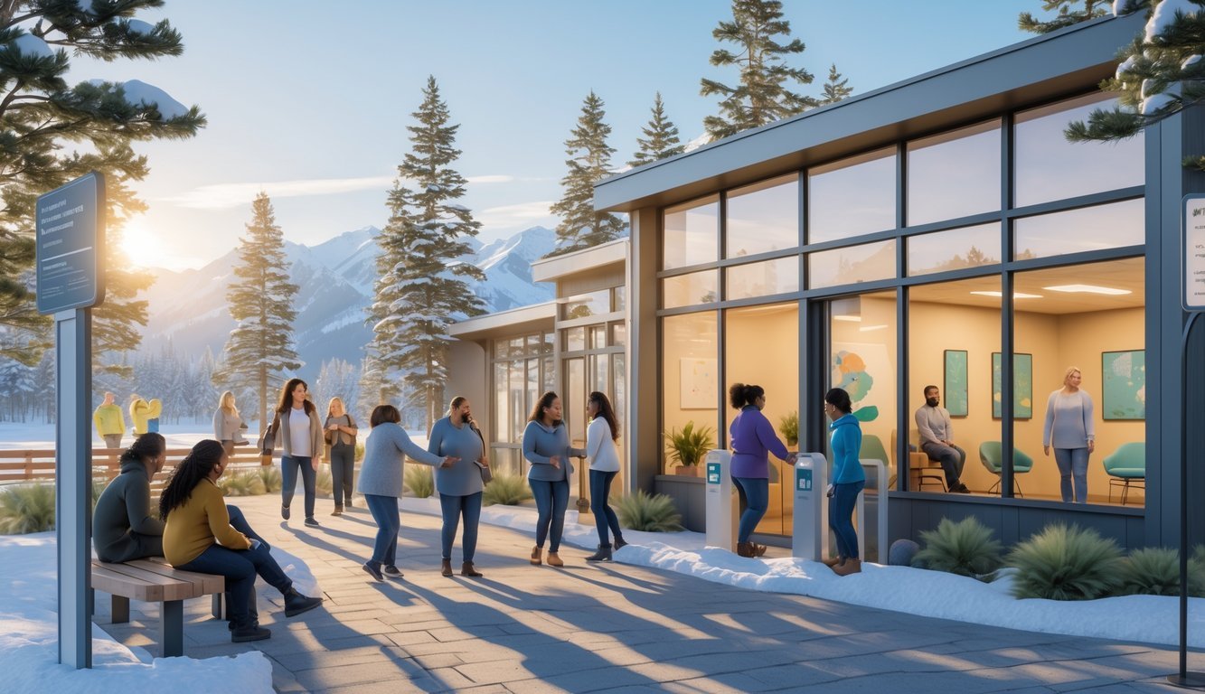 A community center in Alaska surrounded by snowy pine trees with people outside and therapists inside providing mental health support.