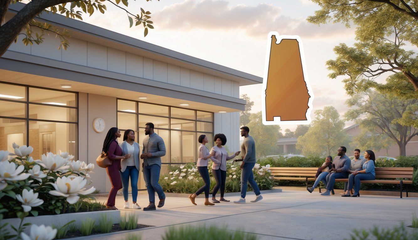 A community mental health center in Alabama with people of different ages and backgrounds interacting peacefully outside surrounded by native plants.