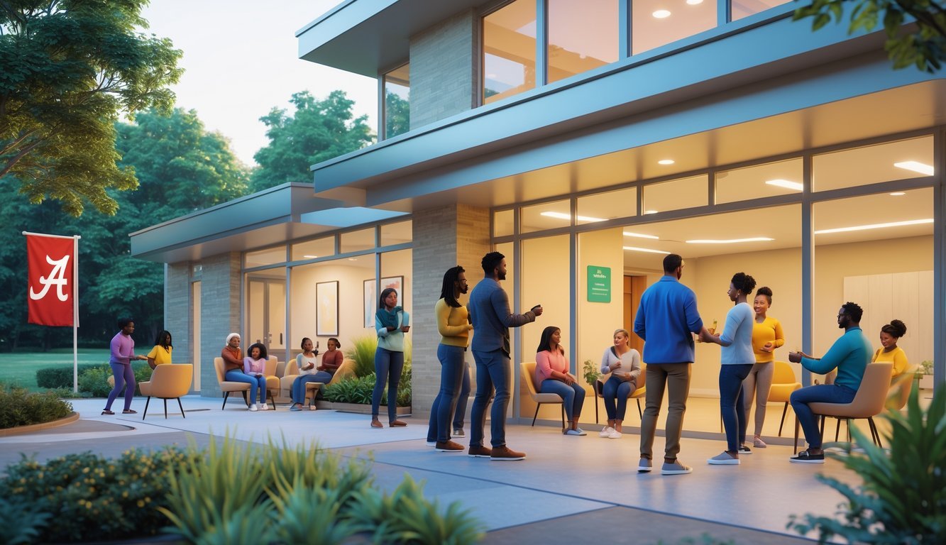 A mental health support center with people engaging in counseling and group activities in a green, welcoming environment.