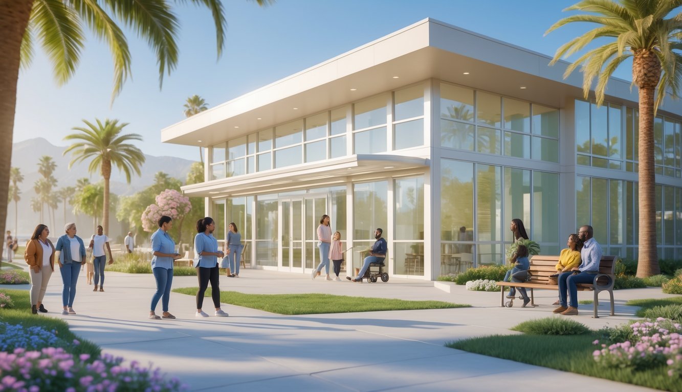 A sunny outdoor scene showing a modern mental health support center surrounded by palm trees and people talking and walking peacefully.