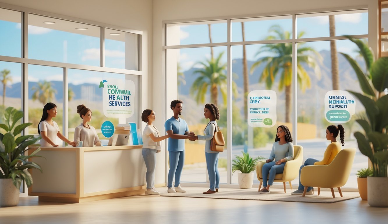 A welcoming community health center in California where diverse people are receiving mental health support in a bright, calm environment.