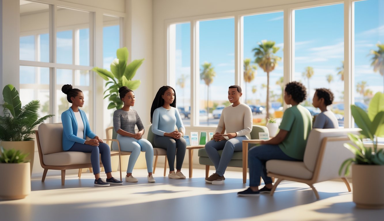 A calm mental health support center with people talking and a sunny California cityscape visible through large windows.