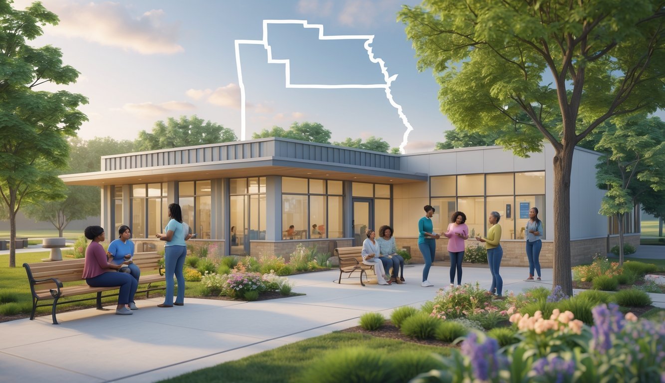 A mental health clinic in Arkansas with people talking and relaxing outdoors in a garden area surrounded by trees and greenery.