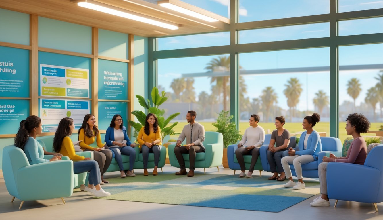 A bright and welcoming mental health support center with people participating in group and individual therapy sessions.