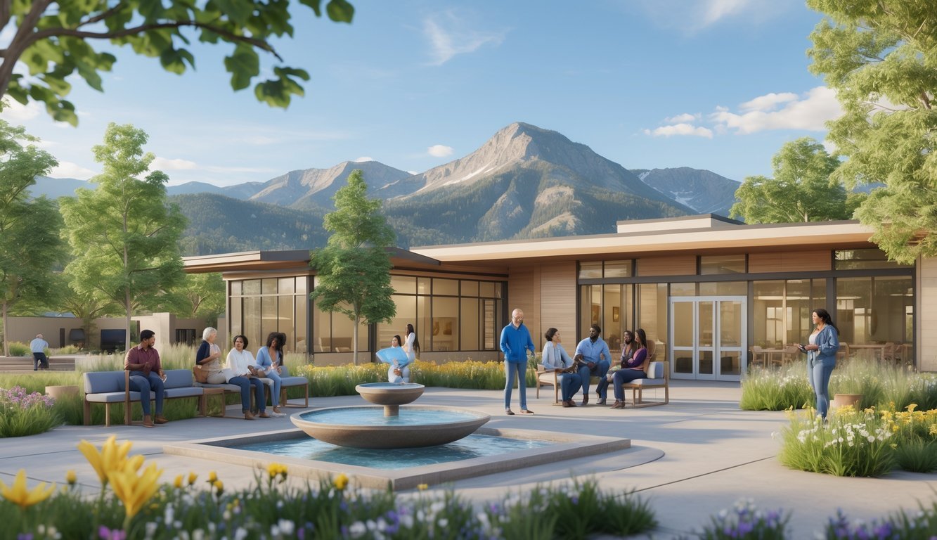 A modern mental health services center in Colorado with people talking outdoors near trees and mountains in the background.