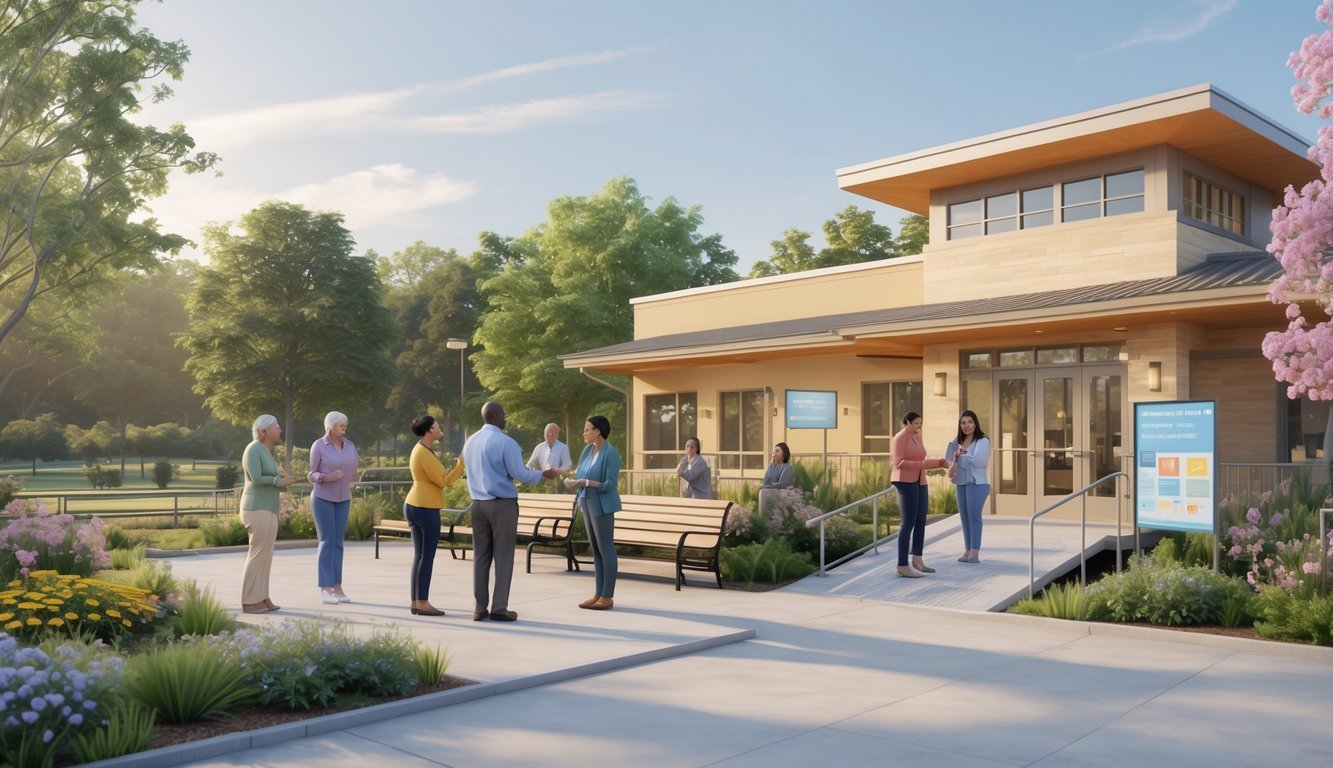 A community mental health center in Arkansas with diverse people interacting outside, surrounded by greenery and a welcoming environment.