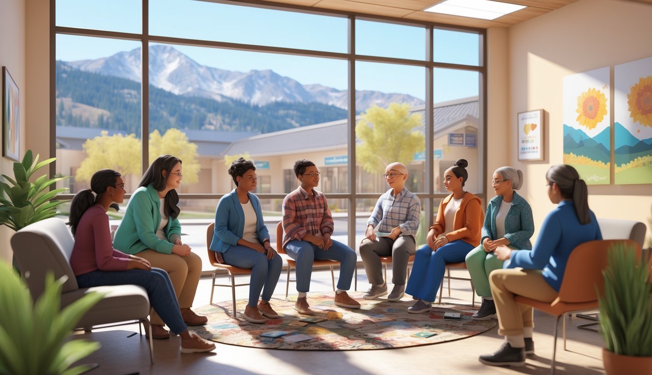 A welcoming room with diverse people engaging in supportive conversations and activities, with mountains visible through large windows.