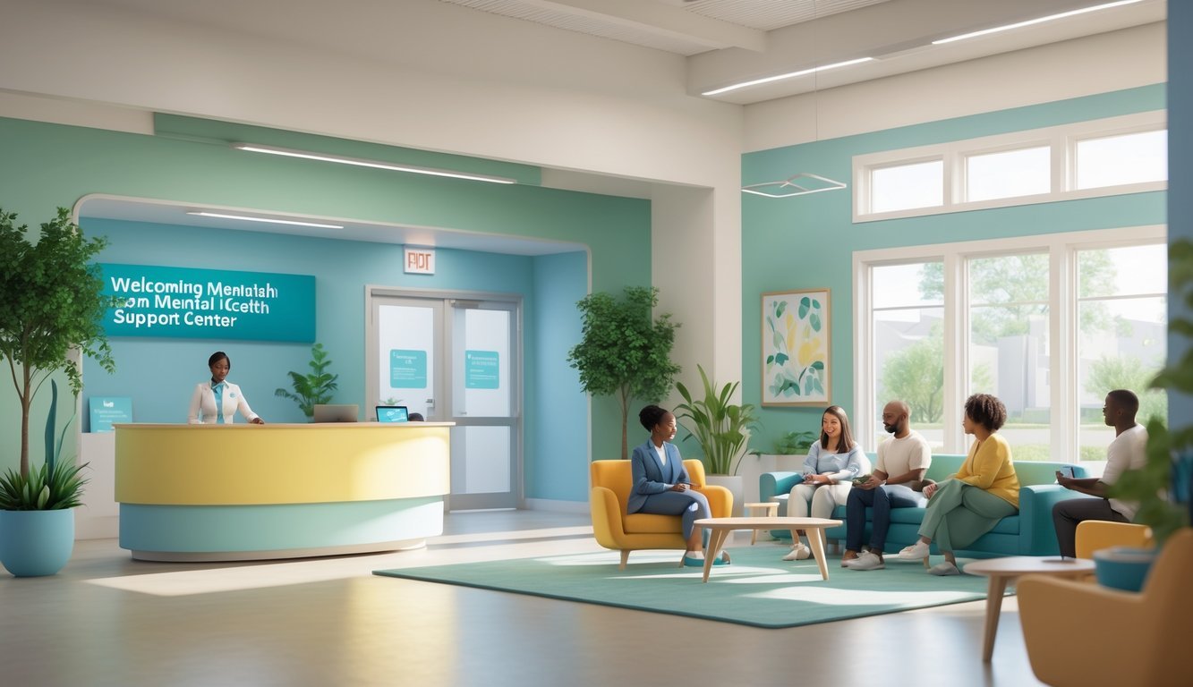 Interior of a welcoming mental health support center with people receiving assistance and comfortable seating areas.