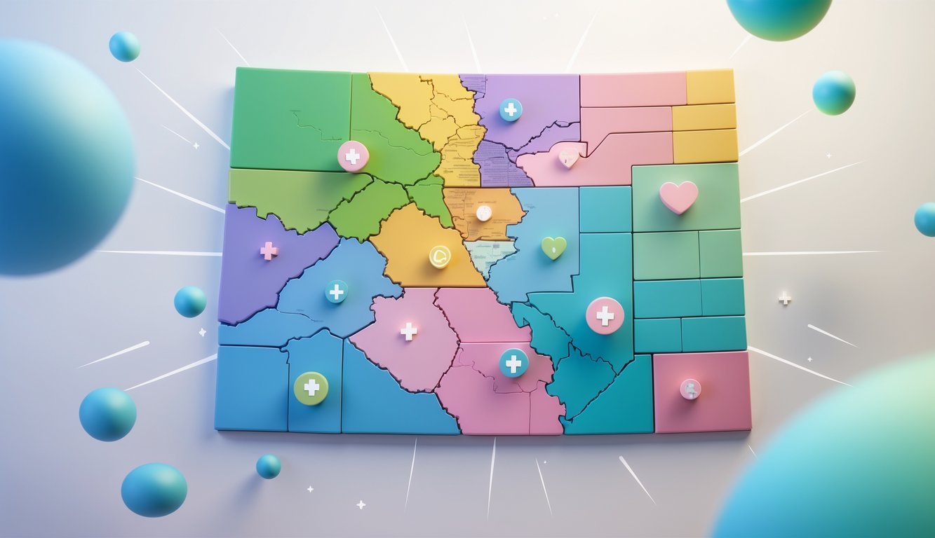 3D map of Colorado with different regions highlighted and icons representing mental health resources scattered across the state.