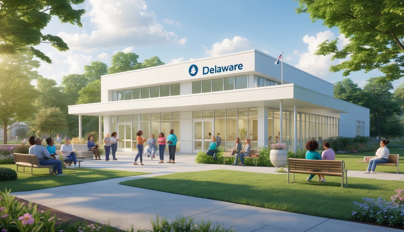 A bright community mental health center with diverse people engaging in supportive activities outdoors surrounded by trees and flowers.