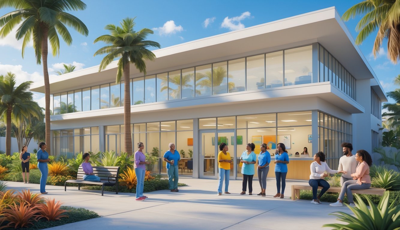 A community mental health center in Florida surrounded by palm trees with people receiving support outdoors.