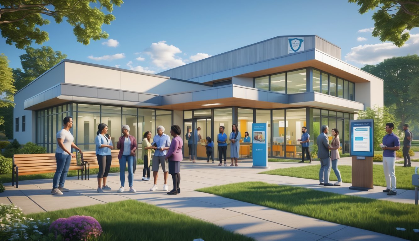 A community mental health center in Connecticut with diverse people engaging in supportive activities outside and inside the building on a sunny day.