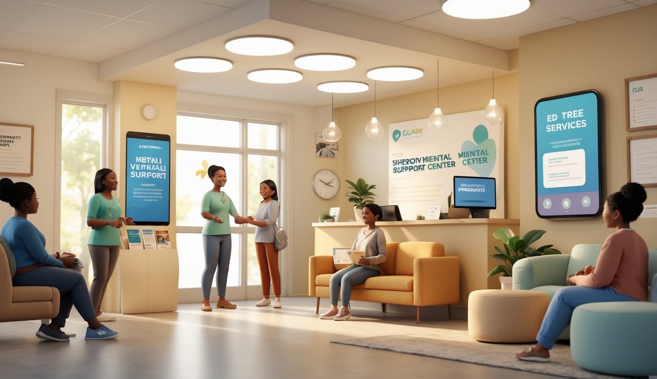 A calm mental health support center with welcoming staff and individuals receiving help in a comfortable, safe environment.