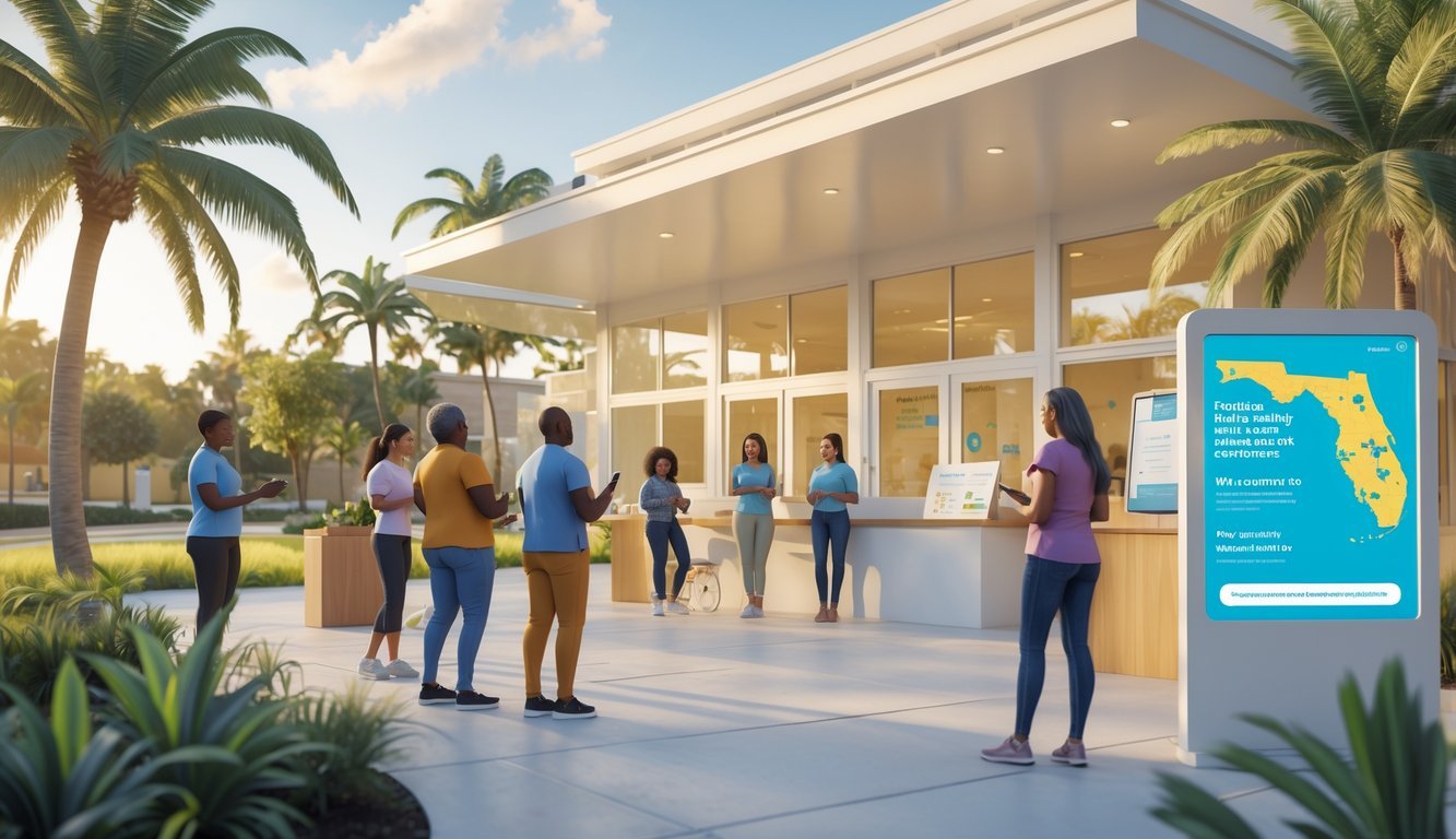 A community mental health center in Florida with people receiving support and information in a bright, welcoming environment surrounded by palm trees.