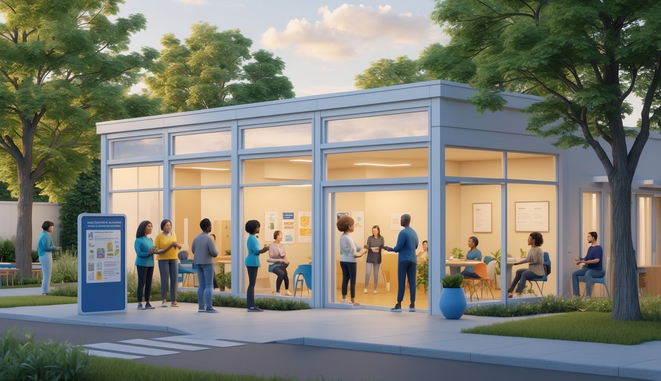 A community mental health center with people receiving support through counseling and wellness activities, set in a peaceful outdoor and indoor environment.