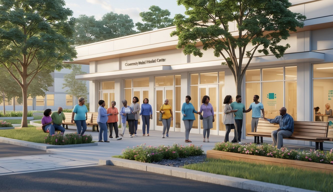A community mental health center with diverse people interacting warmly outside in a green, welcoming environment.