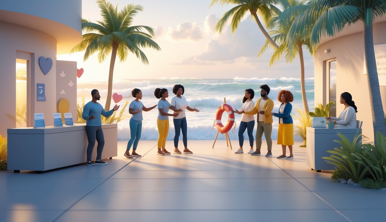 A diverse group of people in a calm, sunny outdoor setting with palm trees, showing support and care in a welcoming environment.