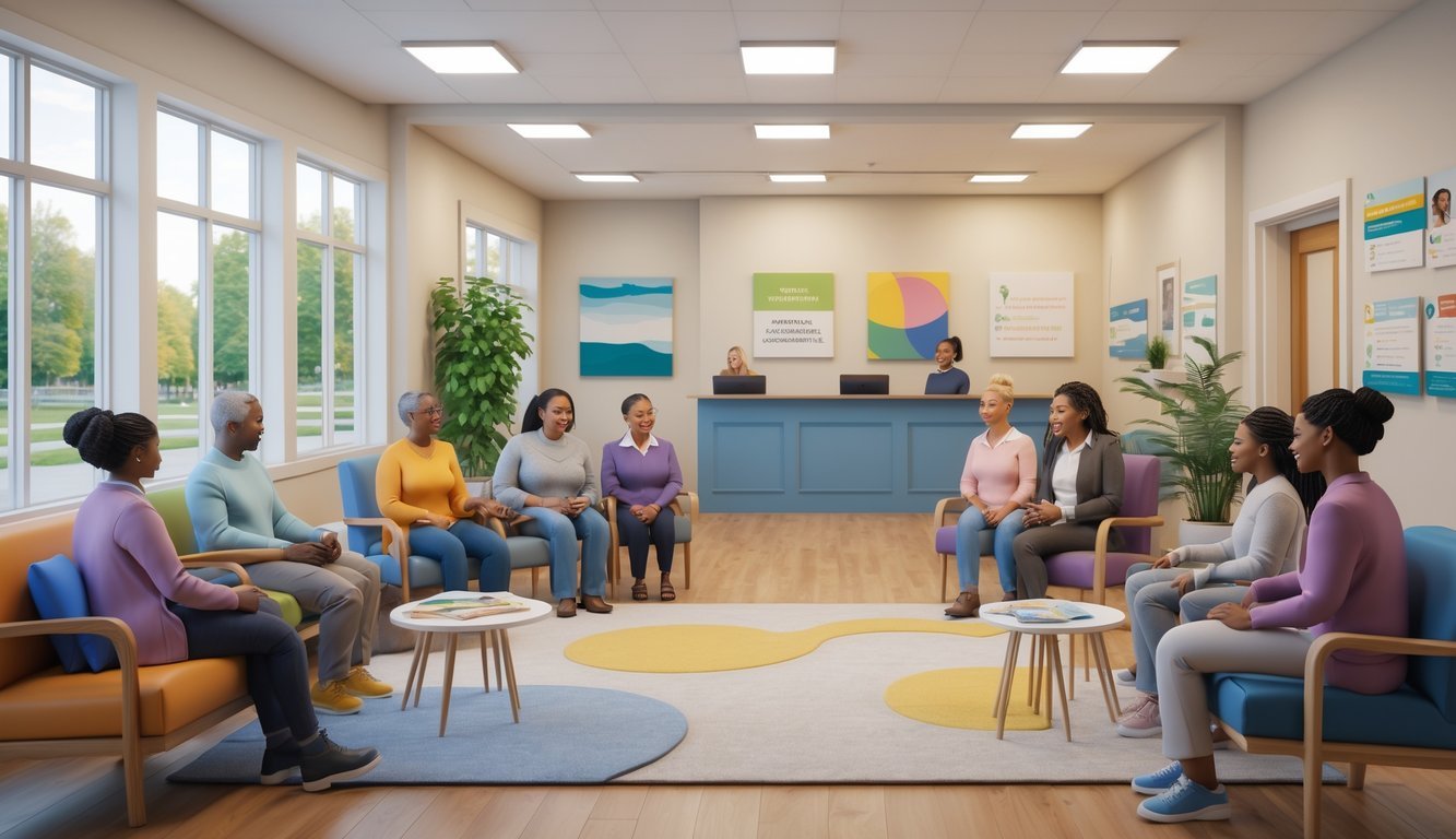 A community center interior in Connecticut where diverse people receive free mental health support from professionals in a warm and accessible environment.