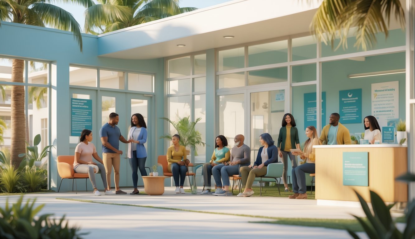 A bright community center in Florida with diverse people receiving mental health and substance abuse support in a calm and welcoming environment.
