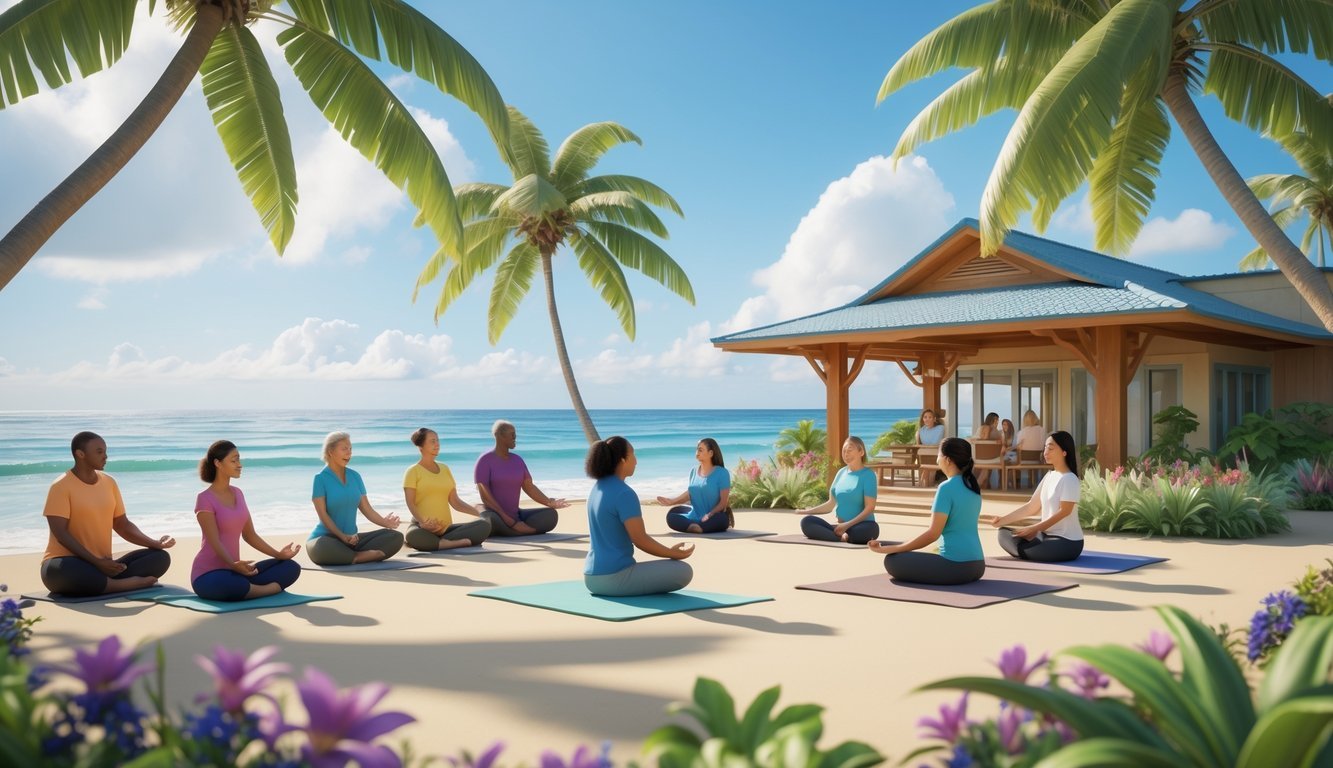 A peaceful Hawaiian beach with people practicing meditation and yoga near a small community center surrounded by palm trees and tropical plants.