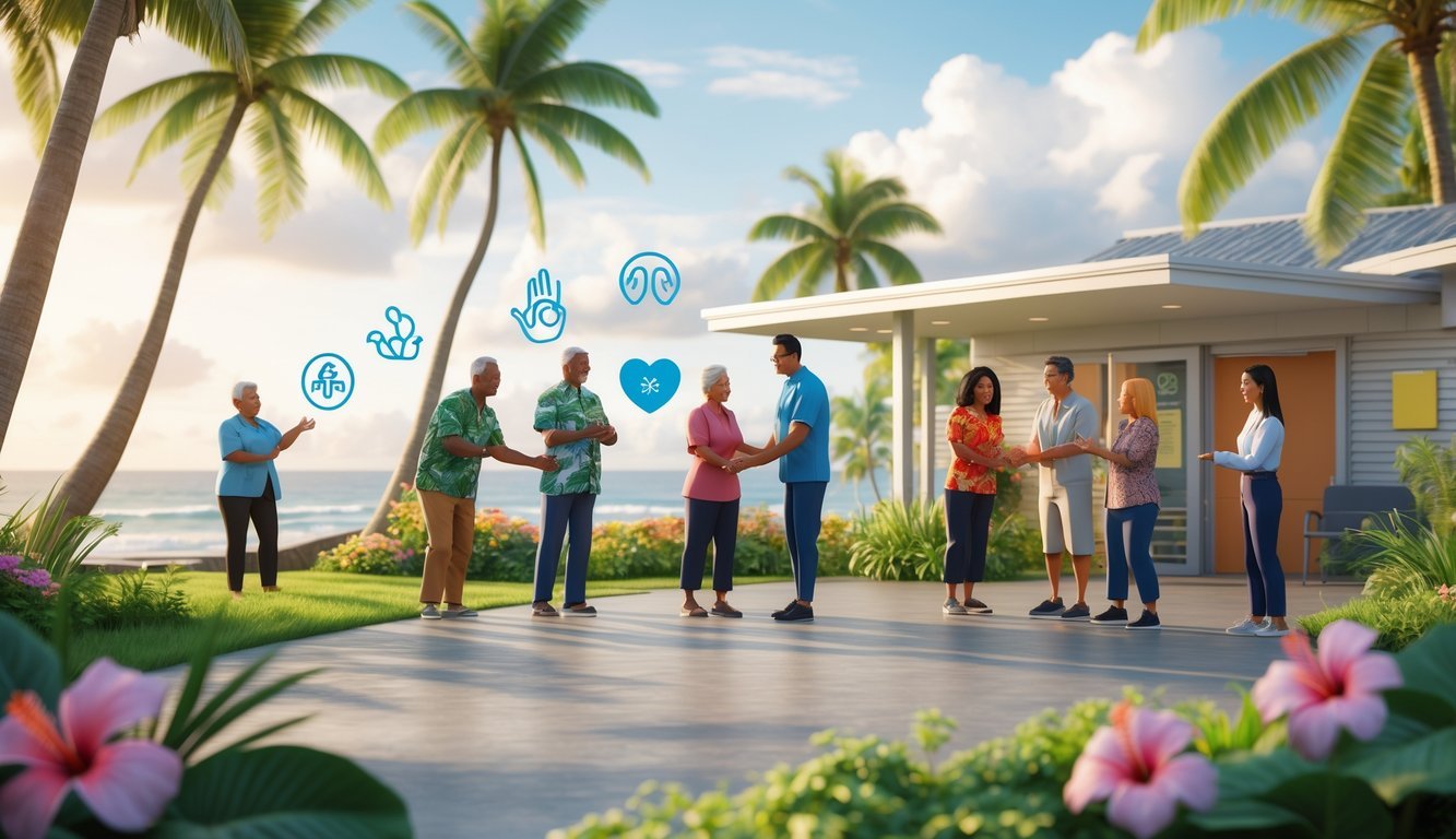 A peaceful outdoor scene in Hawaii showing diverse people interacting supportively near a community center surrounded by tropical plants and ocean views.