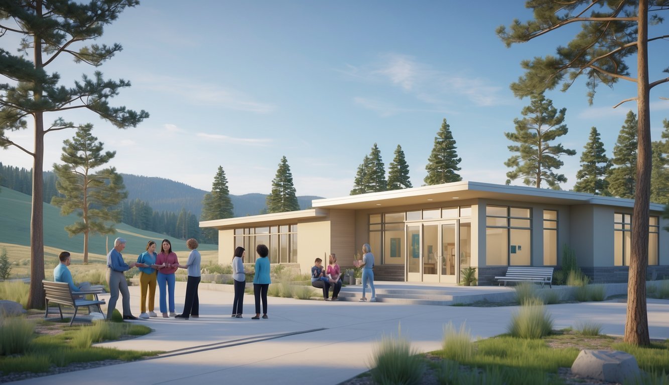 A peaceful mental health clinic surrounded by pine trees and hills with people talking and supporting each other outside.