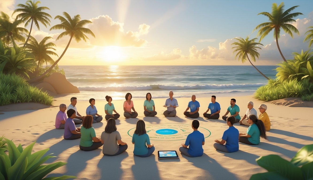 A group of diverse people gathered in a supportive circle on a Hawaiian beach at sunrise, with a mental health professional nearby offering help, surrounded by palm trees and gentle ocean waves.