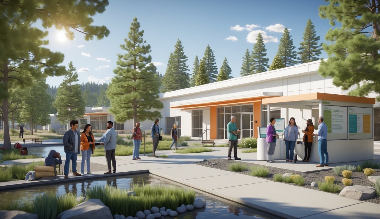 A 3D scene of a modern mental health support center in Idaho with people receiving help outdoors surrounded by trees and a peaceful garden.