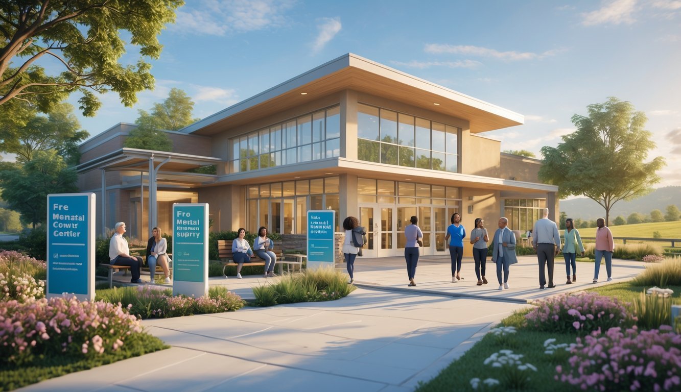 A community mental health center in Georgia with diverse people outside, surrounded by greenery and pathways, conveying a supportive and welcoming environment.