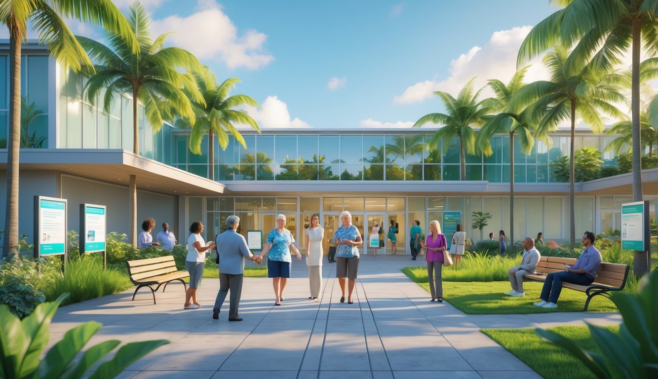 A peaceful outdoor scene of a modern mental health resource center in Hawaii surrounded by tropical plants, with diverse people interacting calmly nearby.