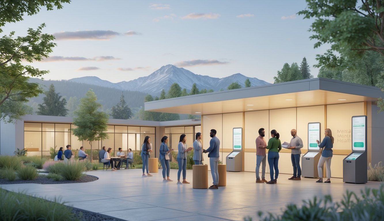 A community center surrounded by mountains with people supporting each other outdoors in a peaceful setting.