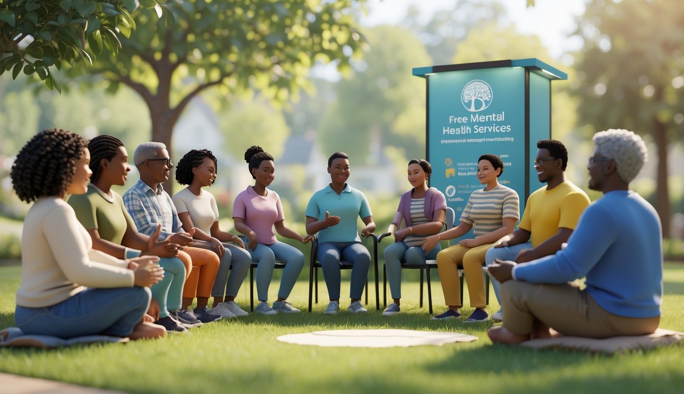 A diverse group of people sitting and standing together outdoors, supporting each other in a peaceful community setting.