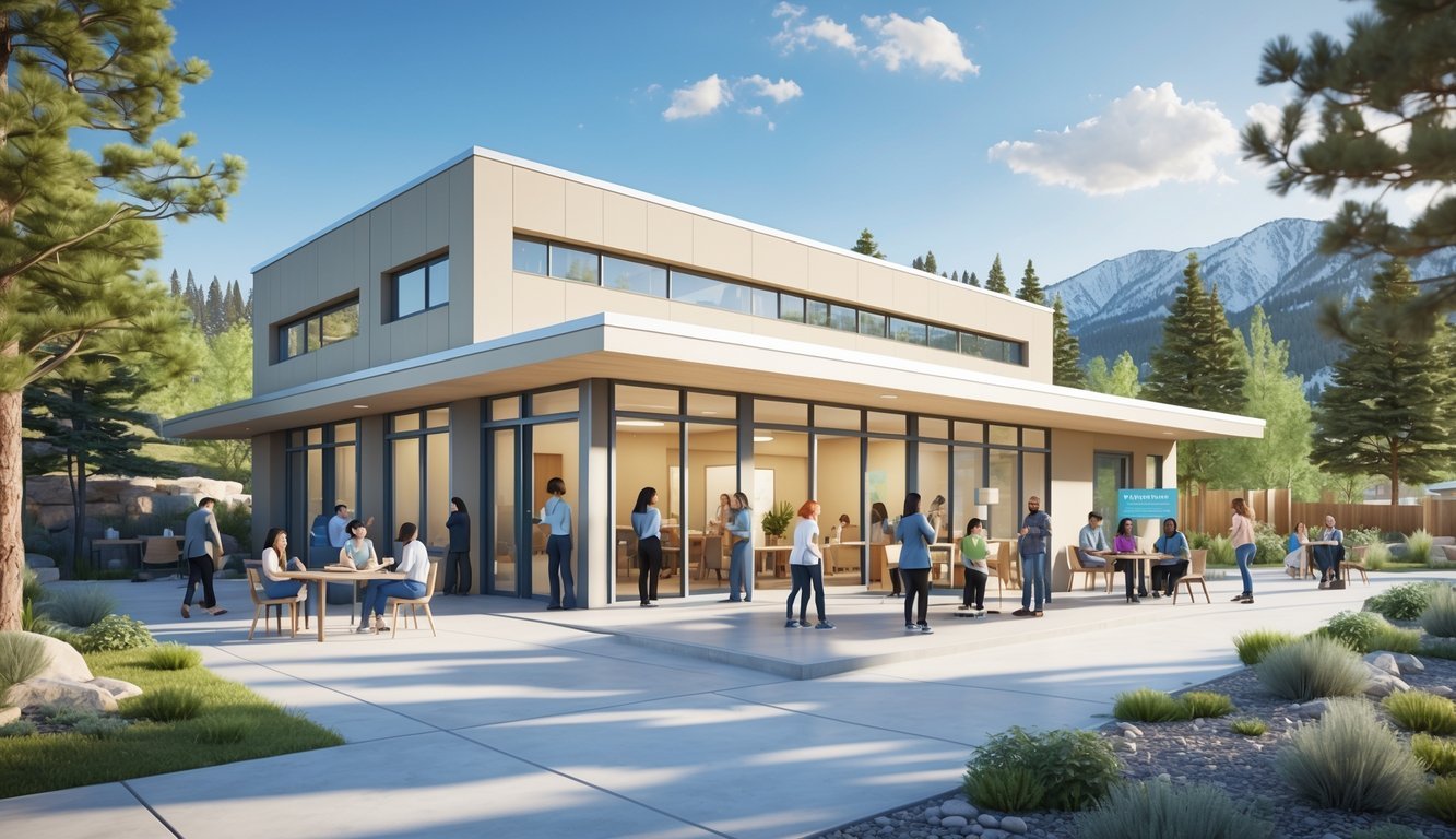 A 3D scene showing a community mental health center in Idaho with people receiving support through therapy and counseling in a peaceful outdoor and indoor setting surrounded by nature.