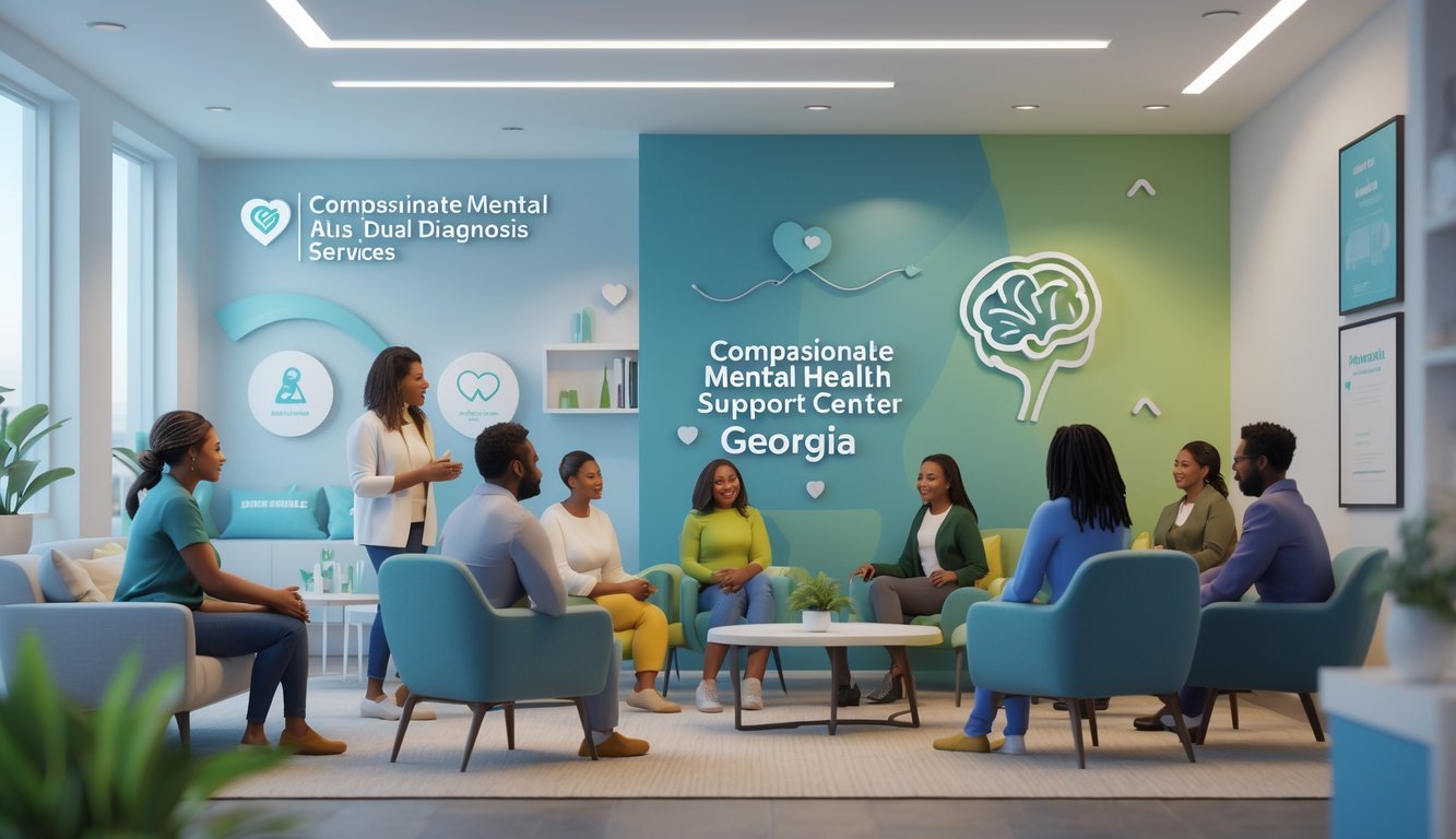A welcoming mental health clinic interior with people engaged in supportive conversations and group therapy.