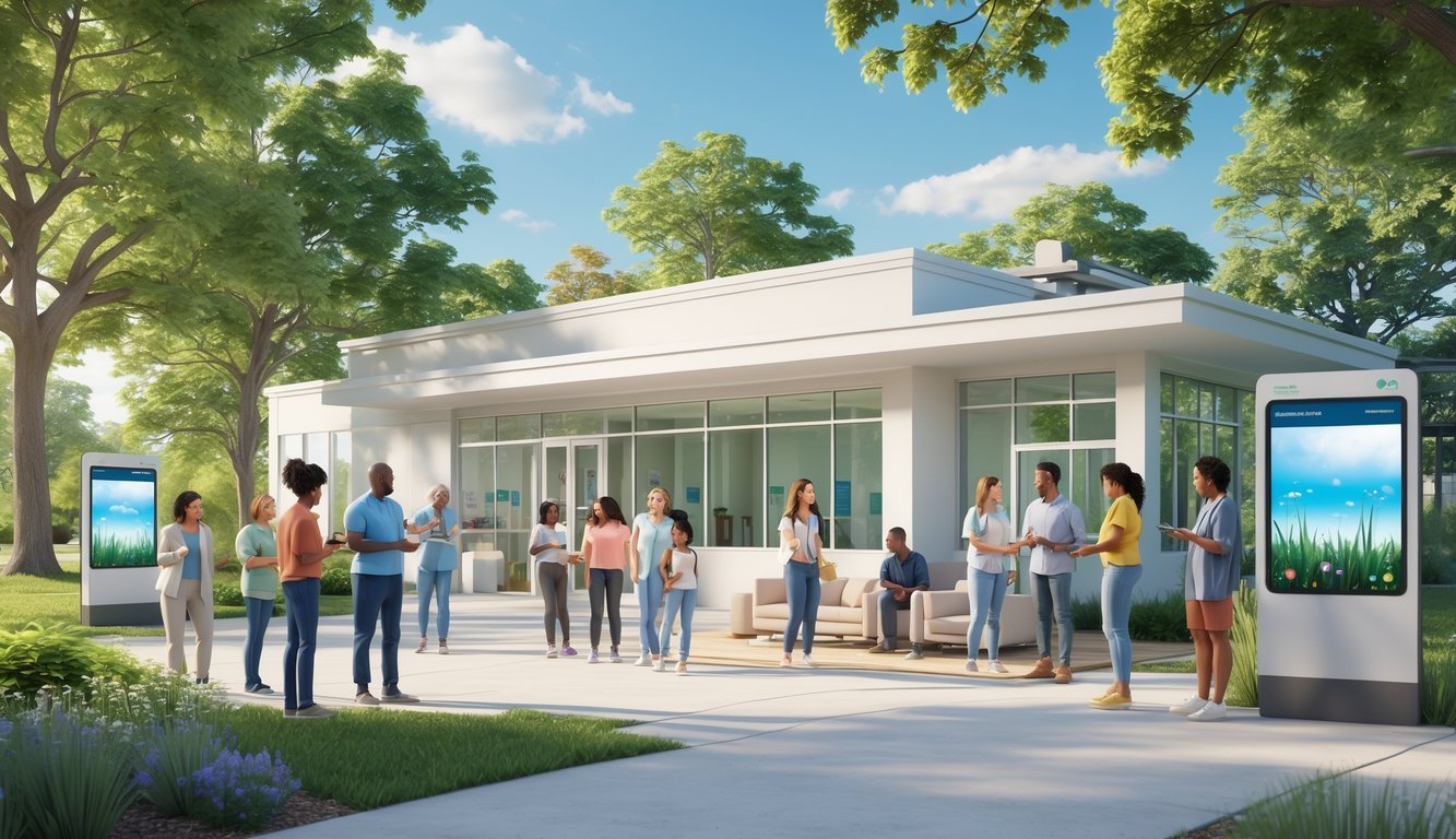 A community mental health center with people talking and receiving support outside a welcoming building surrounded by trees.