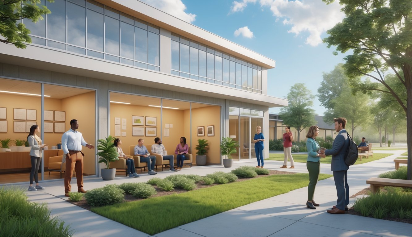 A 3D rendered scene showing a modern mental health clinic with people engaging in supportive conversations and group therapy, surrounded by a peaceful outdoor area with trees and benches.