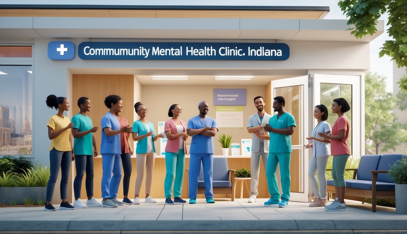 A welcoming mental health clinic with diverse people interacting with healthcare professionals in a bright, supportive environment.