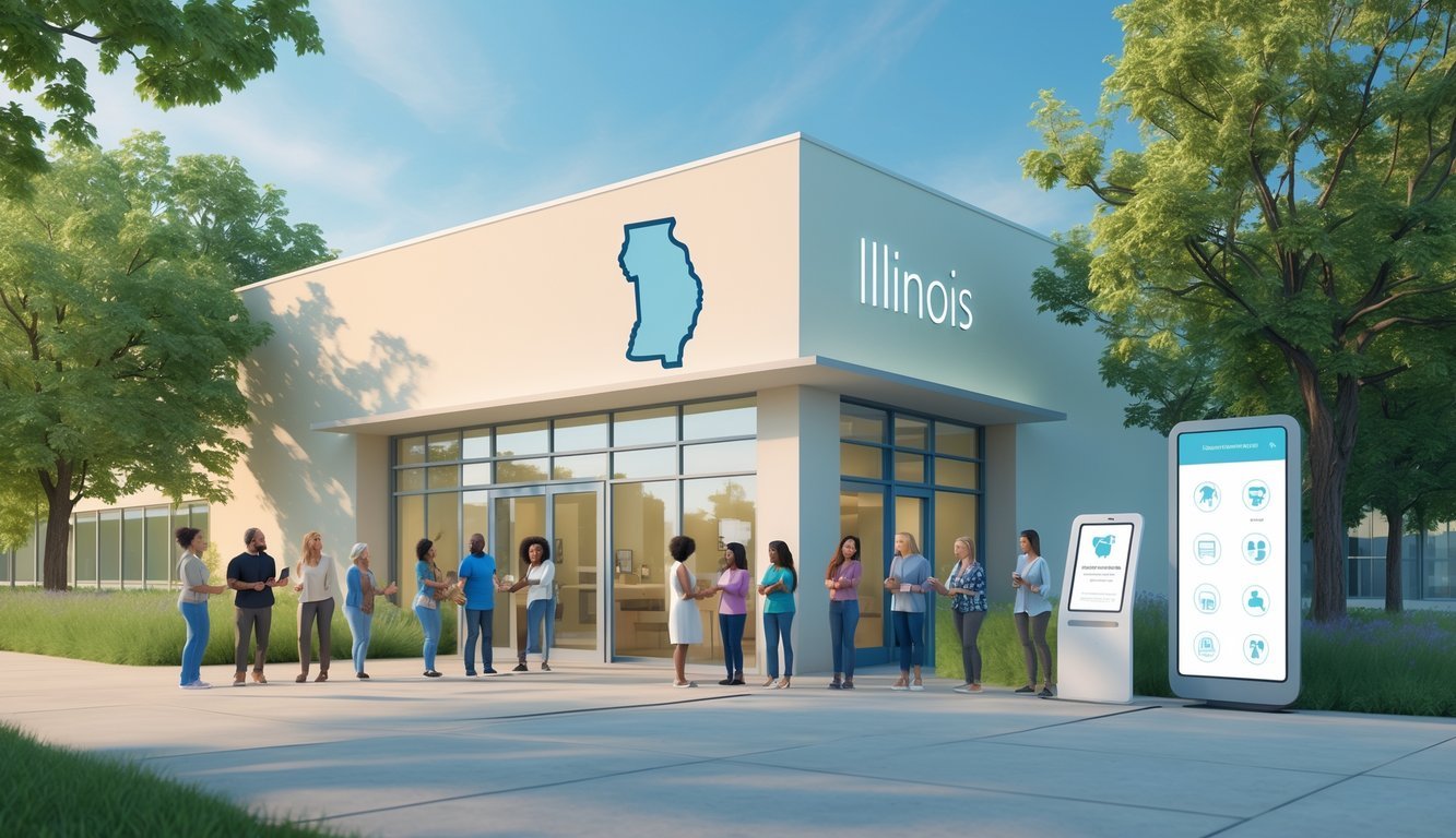 A 3D scene showing a bright mental health support center in Illinois with diverse people interacting outside, surrounded by trees under a clear sky.