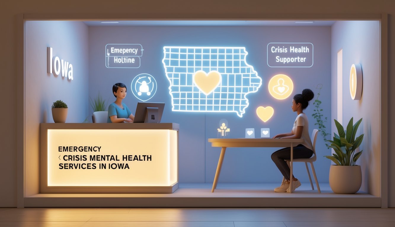 A welcoming crisis intervention center with a counselor talking to a person seeking help, surrounded by symbols of support and emergency resources, with subtle references to Iowa.